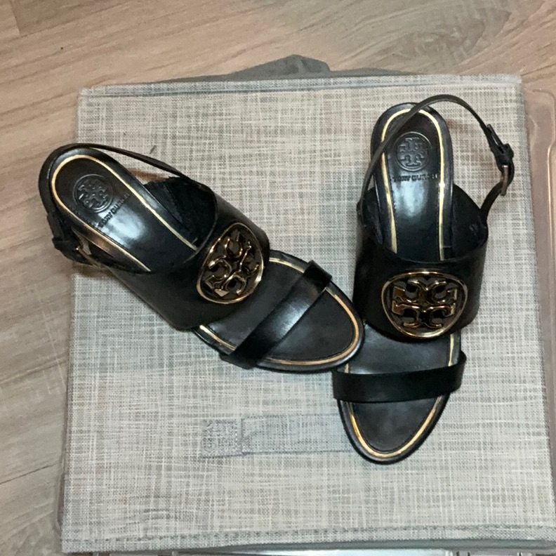 Tory Burch Black Wedges With Gold Accents